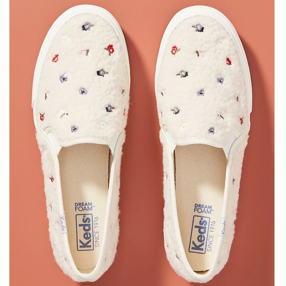 Anthropologie Keds Collab Shearling Double Decker Floral Embroider slip on shoes